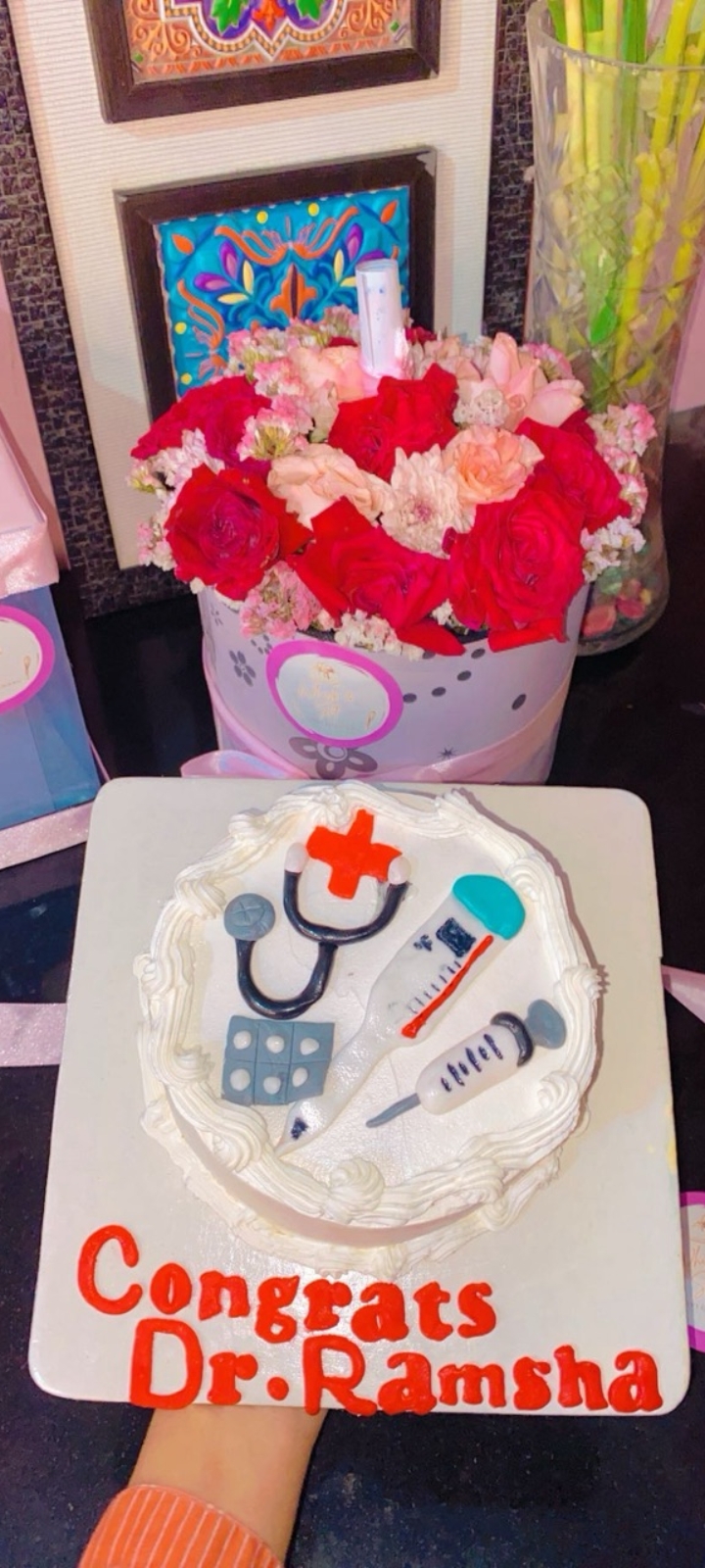 Congratulations theme cake for Dr. Ramsha with 'Congrats Dr. Ramsha' message for becoming a doctor - Doctor Achievement Cakes Karachi By Whisk And Sift